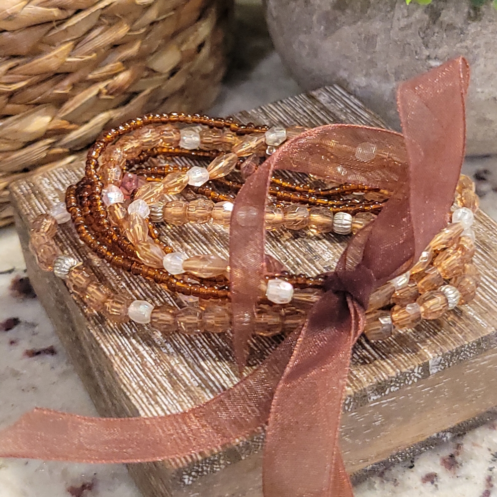 Multi Strand Brown Beaded Bracelet with Ribbon